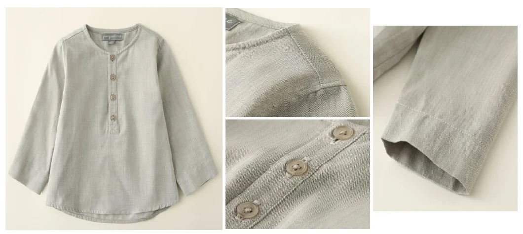 Boy Grey Herringbone Linen Shirt Clothes with Front Plastic Button at Half Placket and Piping Neckline