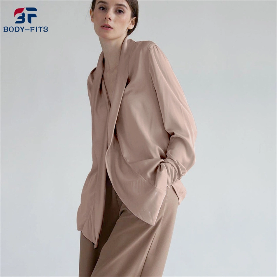 2022 Women Elegant Silk Satin Loose Casual Long Sleeve Blouse Tops