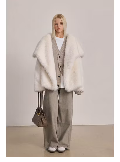Faux Leather Bomber Jacket Cropped Real Fur Turn Down Collar Lamb Wool Coats for Woman Trendy